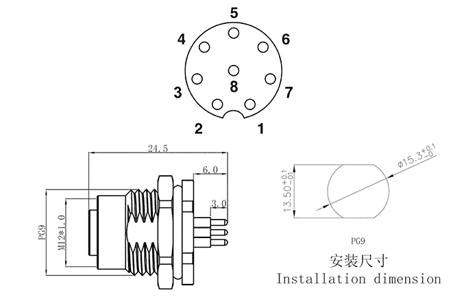 Đầu Nối Gắn Bảng M12 8 Chân Loại Lỗ SUPU M12A08C-FPBRHUS - Ảnh 2