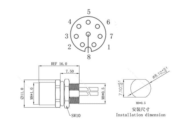 Đầu Nối Gắn Bảng M8 Dạng Cái 8 Chân Gắn Trước SUPU M8A08C-FFHA-UC0.5 - Ảnh 2