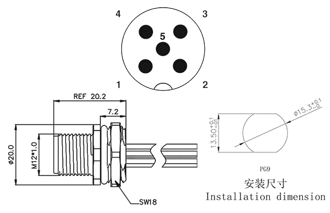 Đầu Nối M12 Gắn Bảng 5 Chân SUPU M12A05C-MFHS-UC0.5 - Ảnh 2