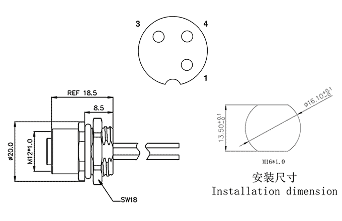 Đầu Nối M12 Gắn Bảng Điều Khiển SUPU M12A03C-FFHR-UC0.5 - Ảnh 2