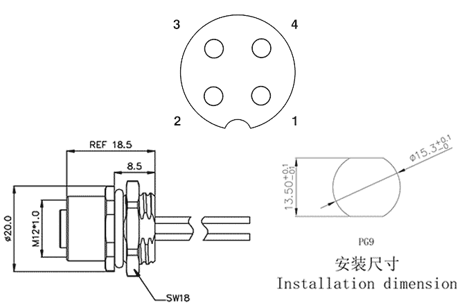 Đầu Nối Gắn Bảng M12 SUPU M12A04C-FFHS-UC0.5 (Loại Cái, 4 Chân) - Ảnh 2