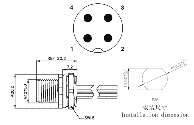 Đầu Nối M12 Gắn Bảng Điều Khiển SUPU M12A04C-MFHS-UC0.5 - Ảnh 2