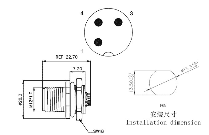 Đầu Nối M12 Gắn Bảng, Chân Kim, A-Code SUPU M12A03C-MPSFHUS - Ảnh 2