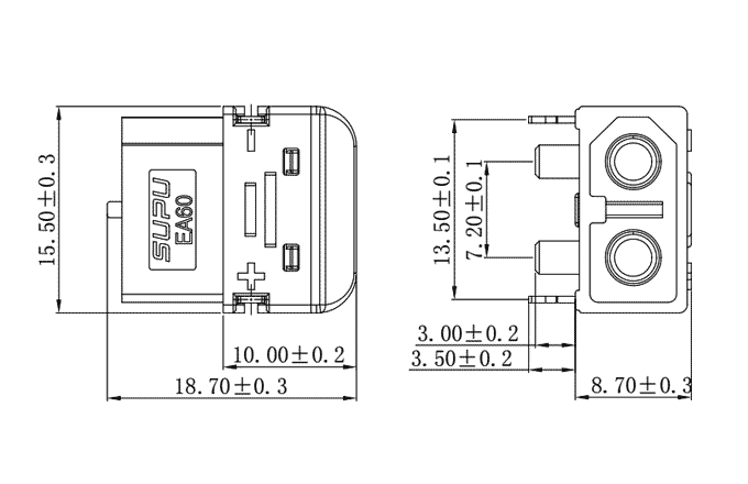 Đầu Nối PCB Góc Hàn 2 Chân SUPU EA60PVF230G-OG (IP40) - Ảnh 2